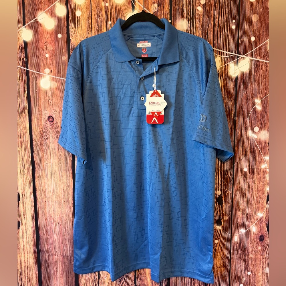 Antigua Men's Textured Blue Polo Golf Shirt with Logo